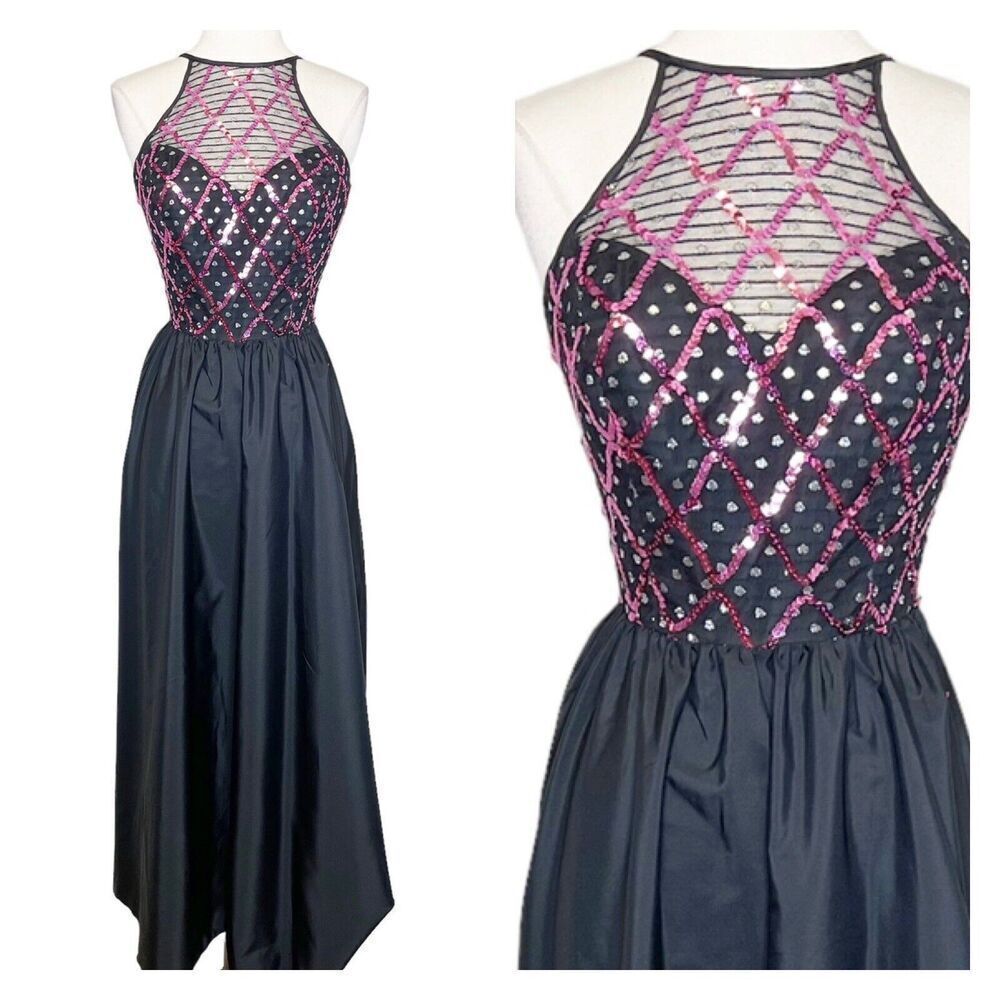 Vintage 80s XS Black Taffeta Formal Dress Pink Sequin Maxi Gown Prom Halter Full